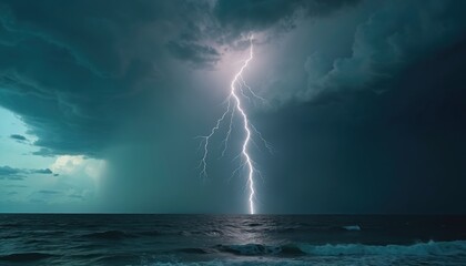 Dramatic photo captures lightning bolt striking ocean during severe storm. Thunder, dark clouds and raging waves. Nature power, weather forecast, climate change concept.