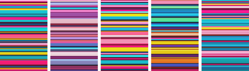 Set of colorful bold geometric cover designs with tightly packed vibrant stripes. Modern poster designs featuring narrow horizontal multicolored stripes arranged in unpredictable sequences. Vector
