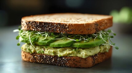 Delectable avocado sandwich with fresh greens and artisan bread.