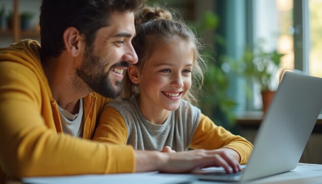 Father helps cheerful teenage daughter homework at home. Both smile, work together with laptop. Education, learning, parenting, family, bonding concept. Technology, online study, courses, e-learning.
