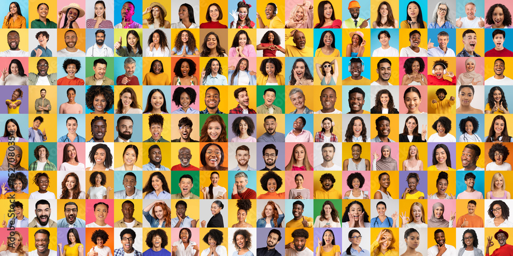 Poster a vibrant collage displays diverse faces of people representing various lifestyles, conveying unity 