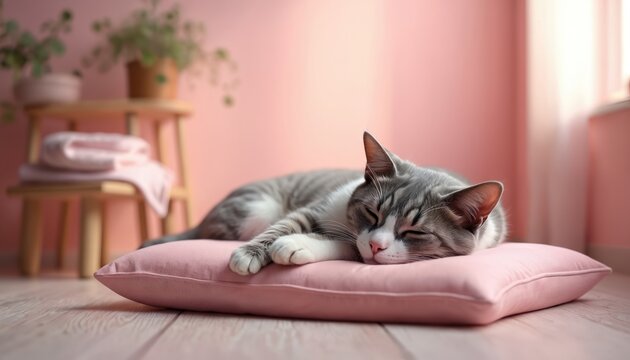 Cute tabby cat sleeping peacefully on pink cushion in cozy living room interior. Adorable pet relaxes on pillow. Fluffy furry kitten has nap, sweet moment.