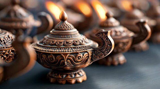 Ornate oil lamps line up, their warm glow hinting at stories and traditions.