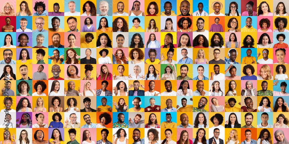 Poster A vibrant collage features a wide array of diverse individuals expressing joy and authenticity. This multiethnic collection captures the essence of global lifestyles and connections among people.