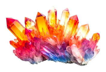 Vibrant crystal cluster display nature setting gemstone illuminated environment isolated on transparent background