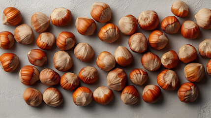 Obraz premium Hazelnuts arranged on a textured surface showcasing their rich colors and unique shapes in soft natural light