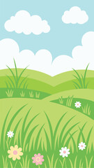 Obraz premium Cartoon illustration of a lush green meadow with blooming flowers and cloudy sky