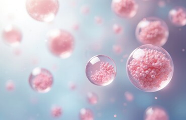 Minimalistic illustration of exosomes in soft, dreamy design. Pink bubble-like cells in transparent spheres on blue background. Science, biology, health care concept. Cellular, microscopic structure.