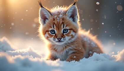 Adorable lynx cub in snowy landscape. Cute orange kitten with big blue eyes. Winter scene with falling snow. Wild animal in cold winter. Natural beauty.