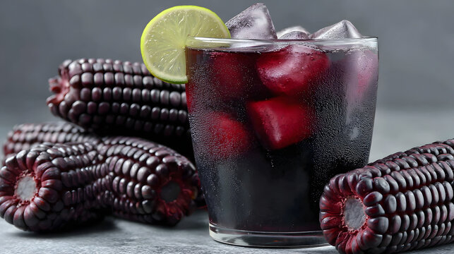 Single glass of chicha morada with lime wedge on a pure white background
