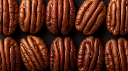 Freshly roasted coffee beans arranged in a neat pattern on a dark surface in a warm setting
