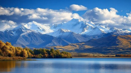 Fototapeta premium Majestic snow-capped mountains reflected in a serene lake, surrounded by autumnal foliage under a vibrant blue sky.