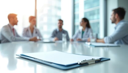 Hospital boardroom meeting. Healthcare professionals discussing strategic plans facility improvements. Executives in collaborative discussion. Health industry innovation analysis, focused