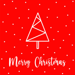 Xmas tree in geometric design for Christmas postcard. Hand drawn modern Xmas tree with triangular shapes on red background. Concept stylish Xmas tree postcard for sending Merry Christmas greetings.