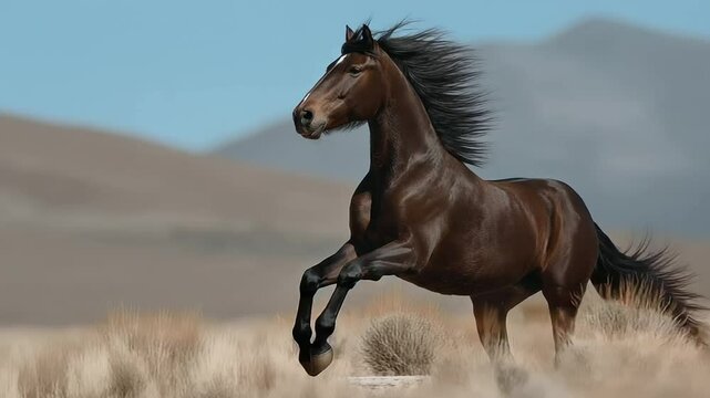 A wild stallion rearing in an open field with flowing mane