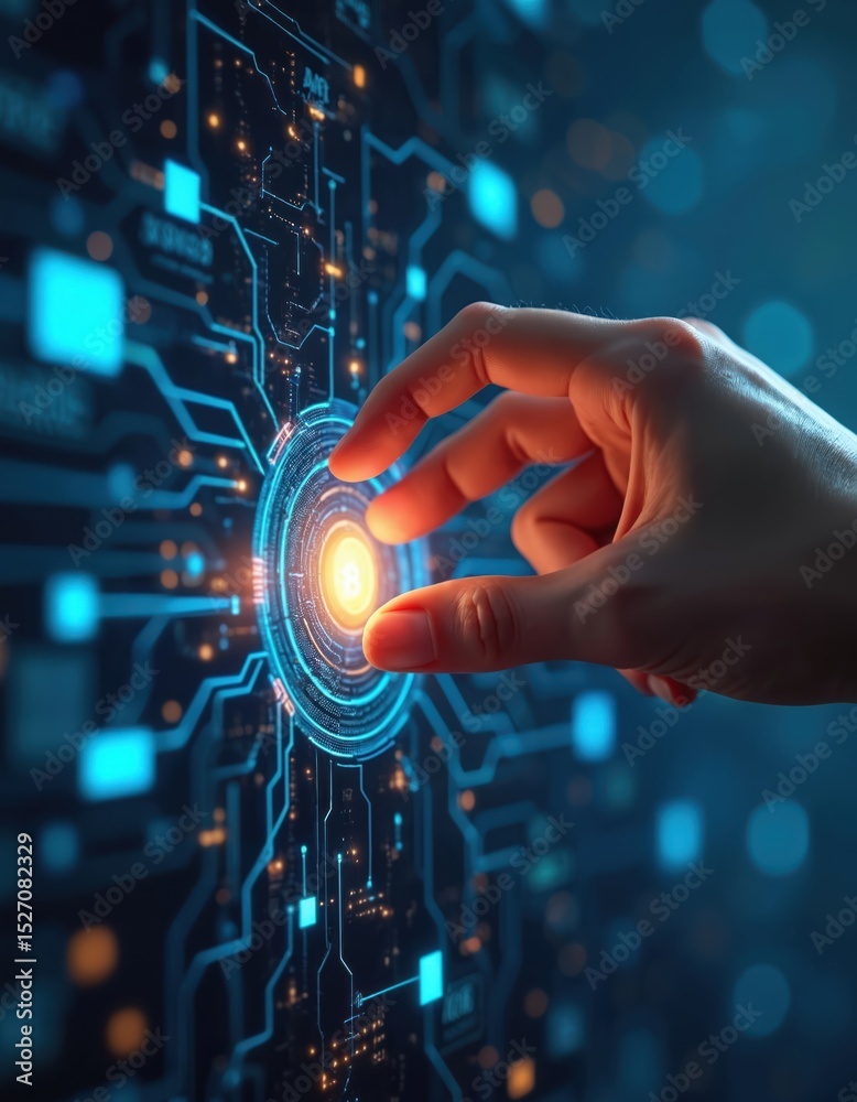 Poster hand touching digital interface connection, api integration. representing platform connectivity in d