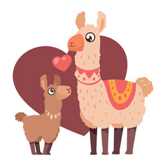 Adorable Llama Vector Illustration: Mother and Baby Llama with Heart Shape Background