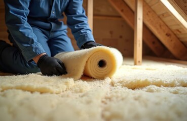 Worker installs thermal insulation in house attic with glass wool. Heat, energy saving house improvement work. Hands in gloves install material for warmer home interior. Insulation of roof.