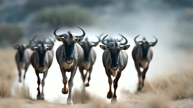 A wildebeest herd galloping across the savanna in sync