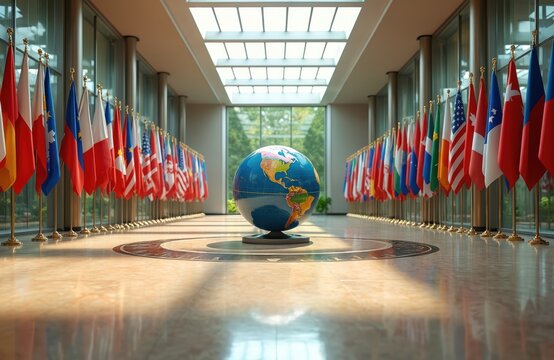 Globe surrounded by international flags in modern hall interior. Symbol of global unity, cooperation. Flags of different countries represents diplomacy, world peace, international relations.