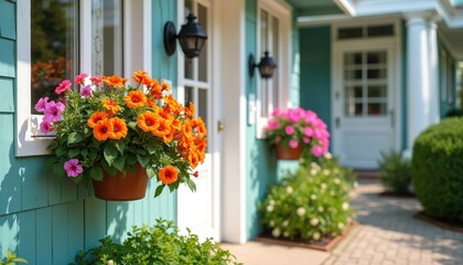 Fototapeta premium Exterior photo of white historic house with white door, colorful blooming flowers, garden plants. Green trim around the house, front yard with bushes. Summertime, sunny day.