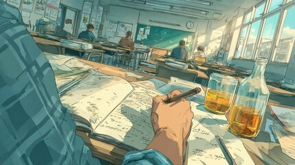 Sunlight streams into a classroom student writing in notebook