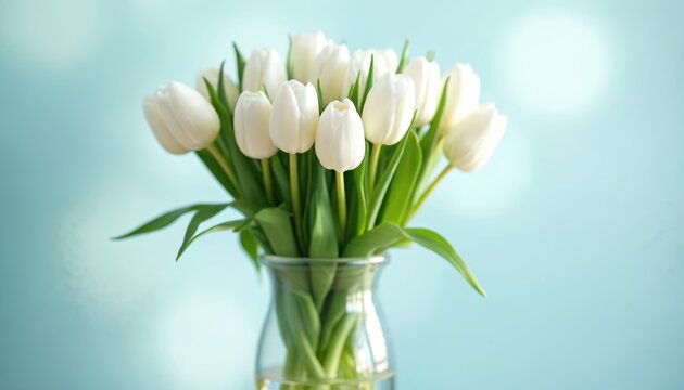 Bouquet white tulips clear glass vase. Delicate spring flowers blooms against soft bokeh background. Beautiful floral arrangement for home decor, wedding, anniversary. Symbol of love, purity,