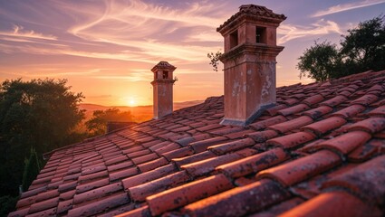 Naklejka premium The setting sun paints the sky over an old rooftop with chimneys, in a beautiful landscape.