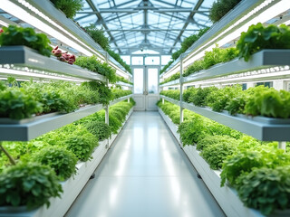 Vertical farm inside a modern greenhouse, vegetables growing on LED-lit shelves