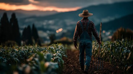 Sunset Rural Scene Farmer Walking Through Field at Dusk