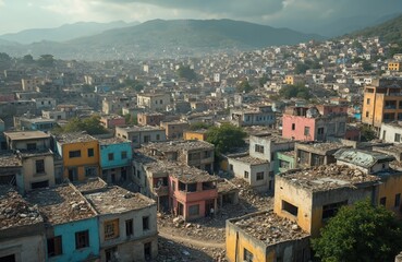 Aerial view of Haiti Port Au Prince after earthquake devastation. Destroyed colorful buildings, town. Ruins of houses, streets. City destroyed by disaster. Urban landscape, damage, poverty, building