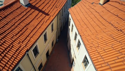 Aerial view of buildings with orange tiled roofs and a narrow street between them. Urban architecture scene, residential buildings. Top-down perspective of city houses with street.