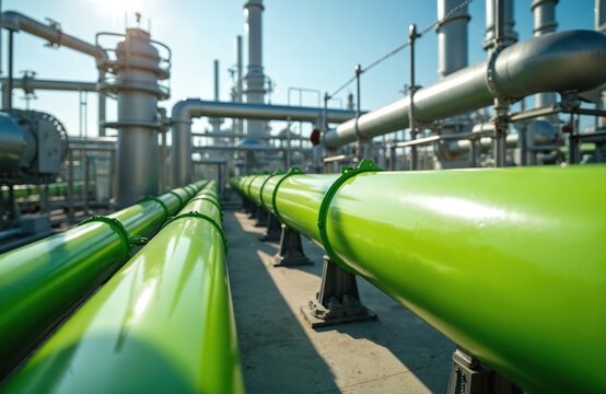 Green hydrogen pipelines at H2 facility. Renewable energy tech in action. Industrial gas transportation, supply chain. Metal tube construction. Power plant equipment, fuel. Sustainable energy, modern