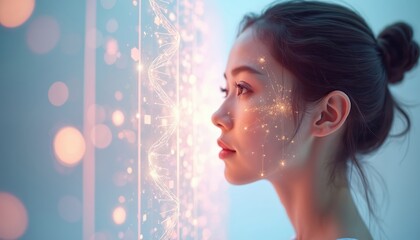 Young woman profile with AI interface overlay. Digital lines, dots connect facial features on top of DNA structure. Beauty, tech, science, medicine concept. Biotechnology, cosmetic treatment, skin,