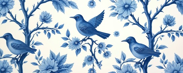 Blue French toile fabric texture. Repeating bird, branch motif set against solid white background. Classic vintage design. Perfect for interior decor. Pattern repeats on textile, paper.