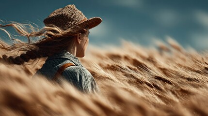 Woman in a wheat field with windblown hair