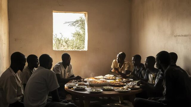 A candid moment of community and connection as a group of individuals gather around a table to share a meal, embodying the spirit of togetherness and cultural tradition.