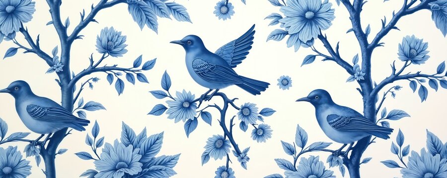 Blue French toile fabric texture. Repeating bird, branch motif set against solid white background. Classic vintage design. Perfect for interior decor. Pattern repeats on textile, paper.