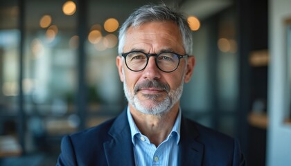 Close-up portrait of mature businessman in modern office setting. Successful business man wearing glasses looks directly at camera. Pro appearance conveys confidence, expertise in leadership.