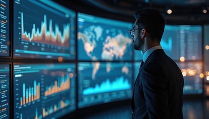 Businessman stands near data screens in AI control center. Charts, graphs, world map on monitors, dark tones background, city lights. Tech, finance, global market analysis, business investment.