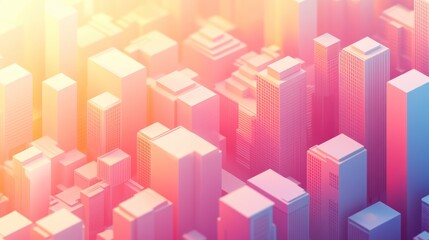 Obraz premium Abstract city skyline, geometric buildings, sunrise, pastel colors.
