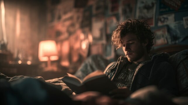 Young man reading book in bed at night cozy and calm atmosphere - Powered by Adobe