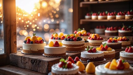 Various beautifully decorated fruit cakes displayed in a bakery, creating a tempting scene.