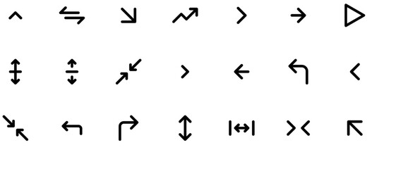 Minimalist thick short sharp arrows in ancient rune style, each with unique shape and dot accents, isolated on white background.