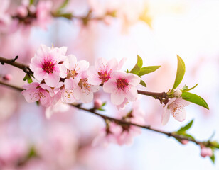 Fototapeta premium Delicate Pink Blossoms on a Branch in Springtime