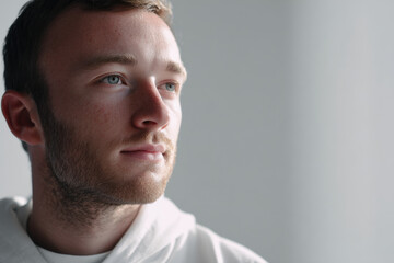 portrait of robotic engineer with contemplative expression positioned on right side of frame