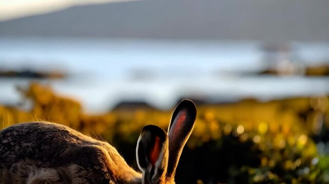 Alert hare with long ears in a sunny field of seaweed near blurred water, landscape, wildlife, animal looking towards the camera