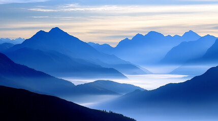 Fototapeta premium Misty blue mountain peaks, sea of clouds, natural scenery