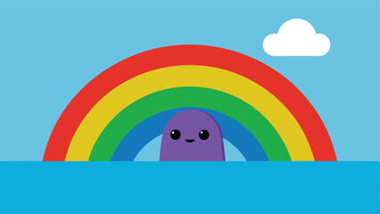 Naklejka premium Cute cartoon rainbow with smiling character in blue sky vector illustration