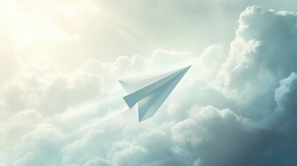 Fototapeta premium Paper airplane soaring amidst fluffy clouds, bathed in sunlight.